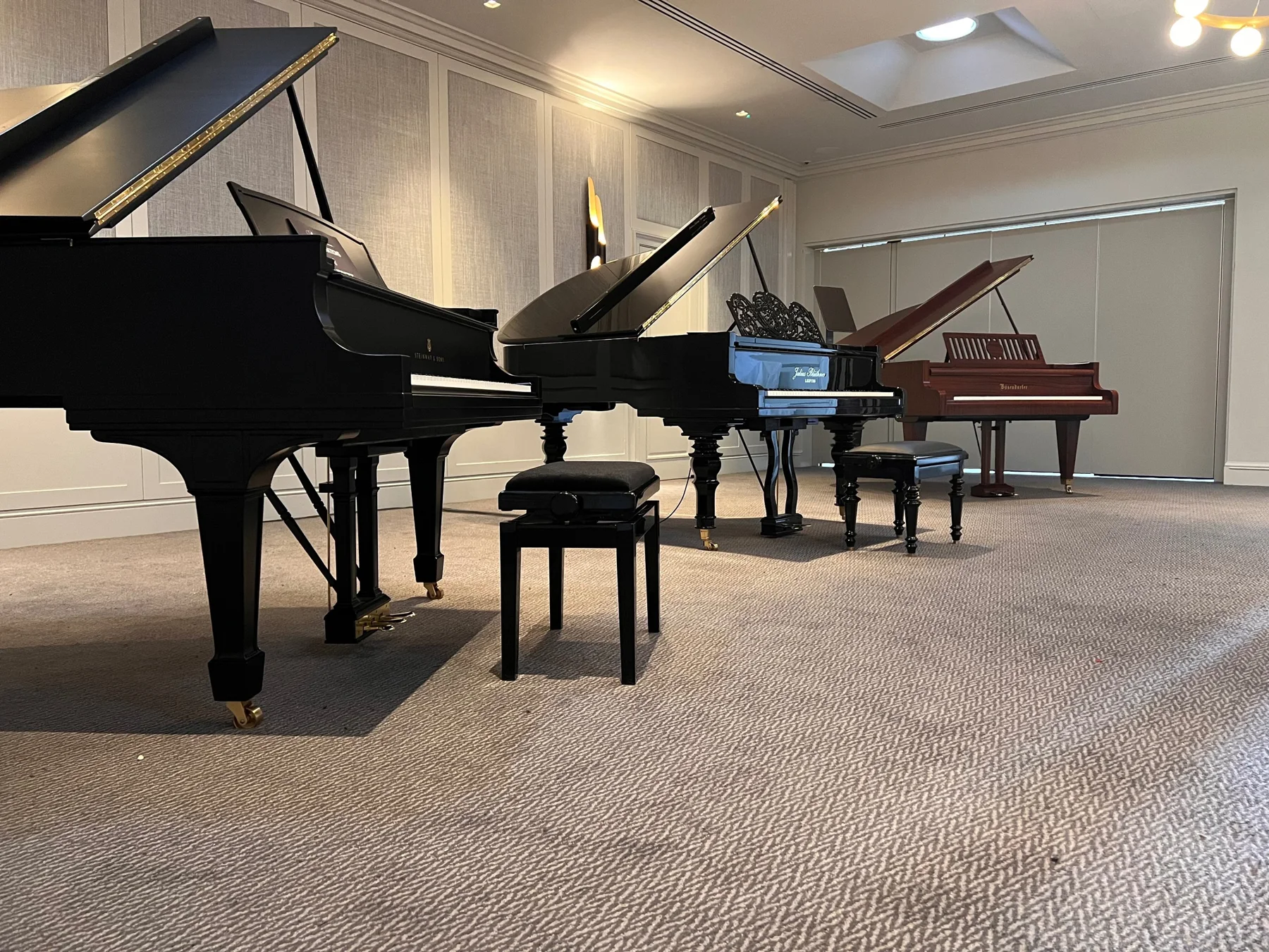Grand pianos prepared for viewing in the showroom
