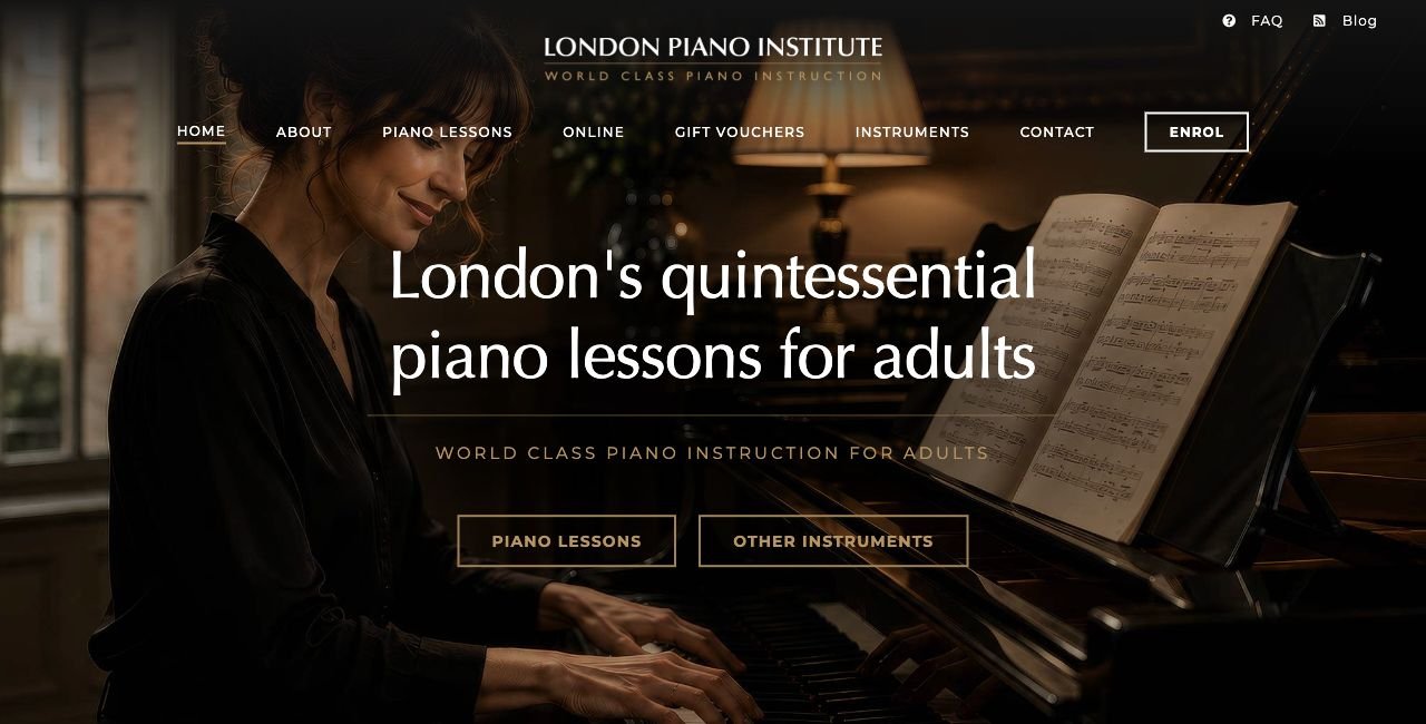 London Piano Institute’s website, showing its piano lessons for adults